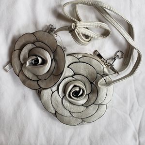 Metallic Silver leather flower purse& coin purse